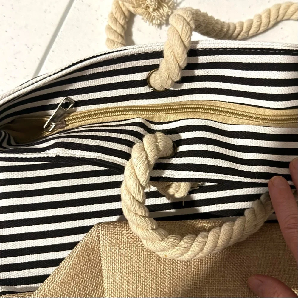 Chic Black and Tan Striped Tote Bag - Picture 3 of 4